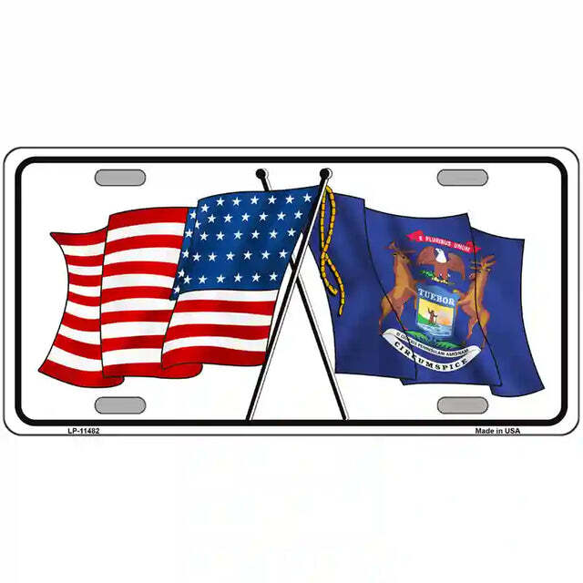 Michigan American Flags Crossed Metal Sign