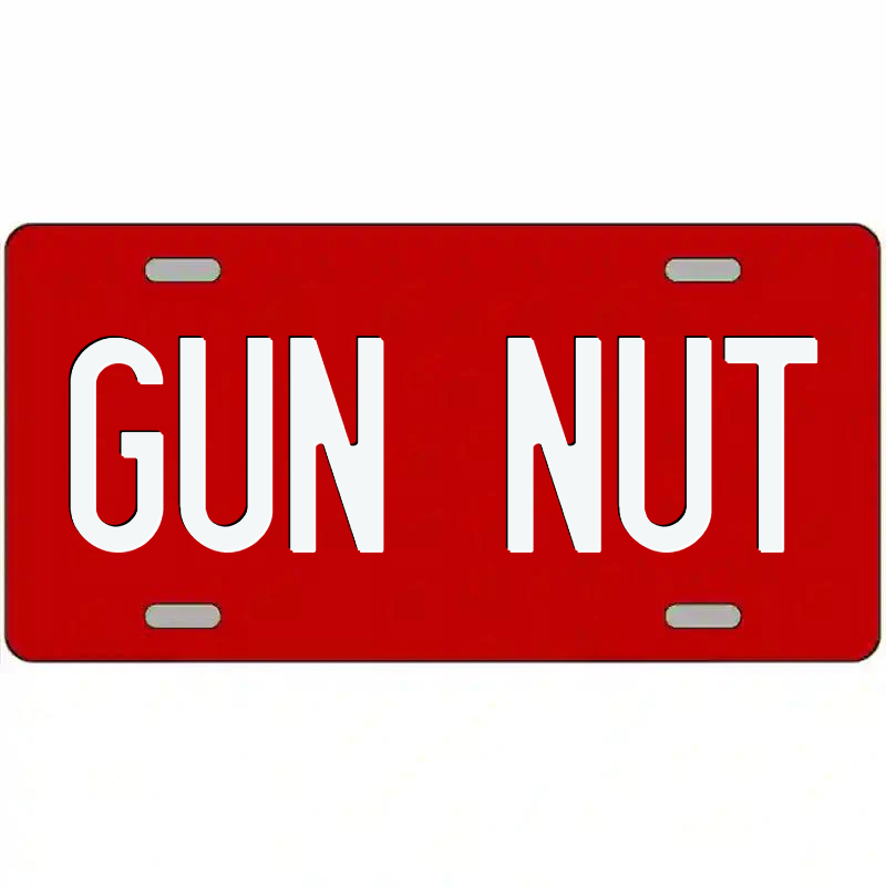 Gun Nut White on Red Metal Sign