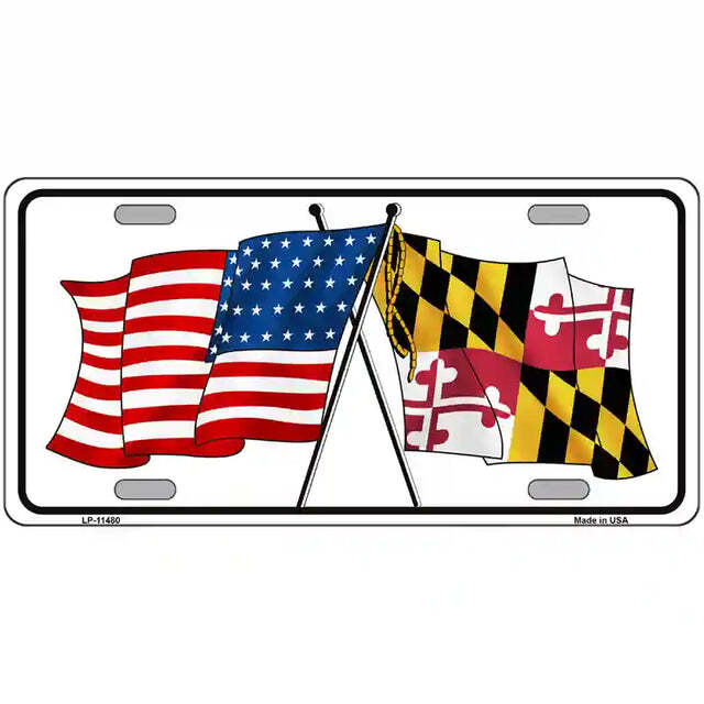 Maryland American Flags Crossed Metal Sign