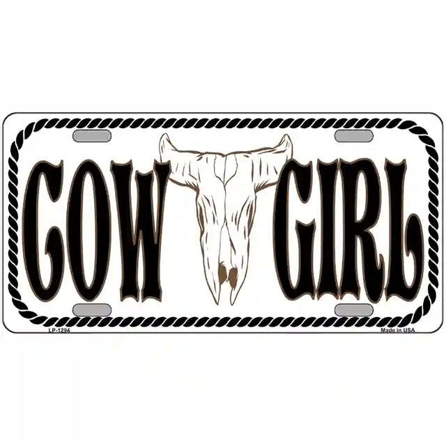 Cow Girl with Cow Skull Metal Sign