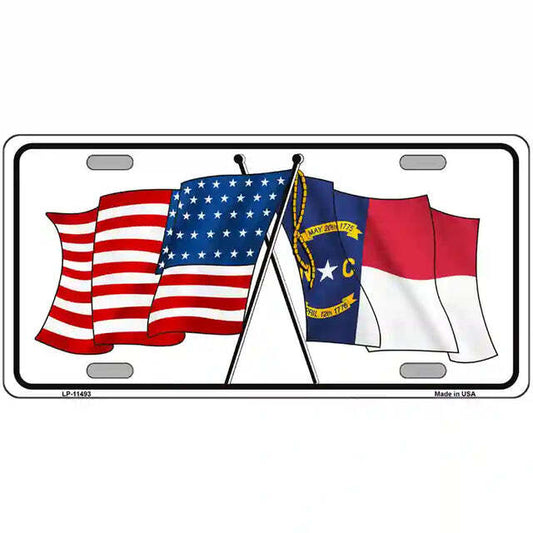 North Carolina American Flags Crossed Metal Sign