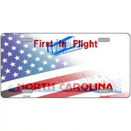 North Carolina with American Flag Metal Sign
