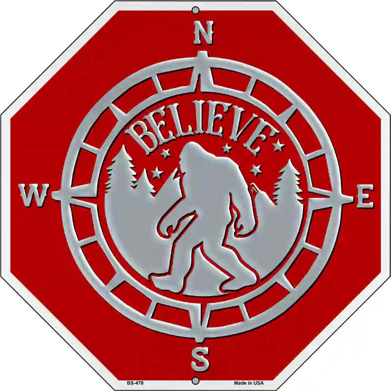 Believe Bigfoot Compass 12" Octagon Metal Sign