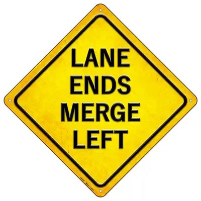 Lane Ends Merge Left 16.5" X 16.5" Diamond Metal Sign