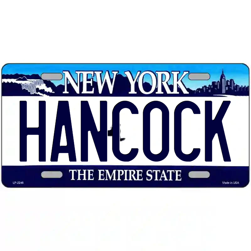 Hancock New York Blue Metal Sign