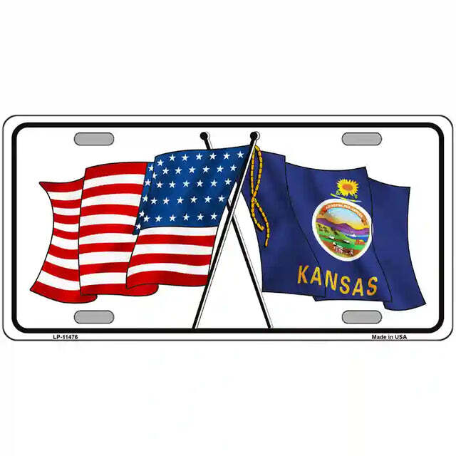 Kansas American Flags Crossed Metal Sign
