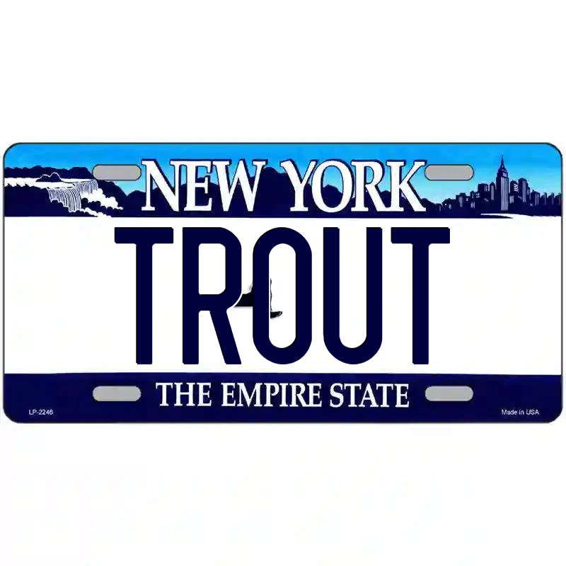 Trout New York Blue Metal Sign