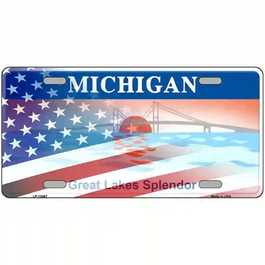 Michigan with American Flag Metal Sign