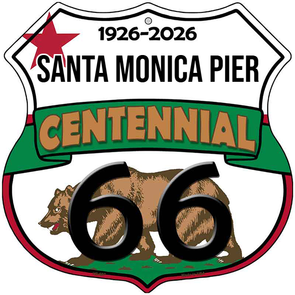 Santa Monica Pier California  Flag Route 66 Centennial Highway Shield