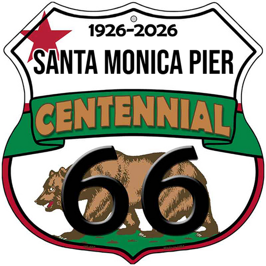 Santa Monica Pier California  Flag Route 66 Centennial Highway Shield