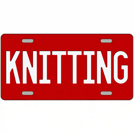 Knitting White on Red Metal Sign