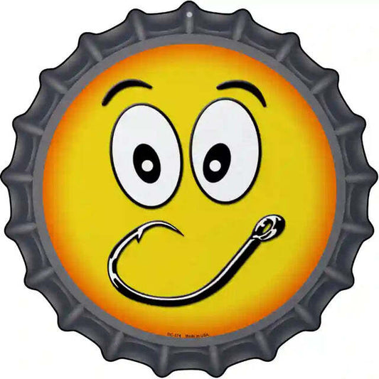 Smiley Face Fishing Hook Bottle Cap Metal Sign