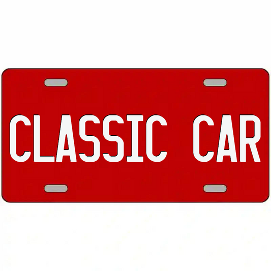 Classic Car White on Red Metal Sign