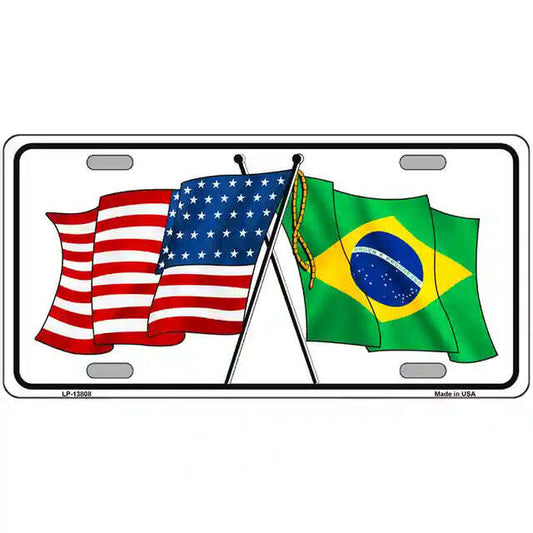 Brazil American Flags Crossed Metal Sign