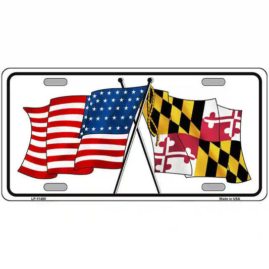 Maryland American Flags Crossed Metal Sign