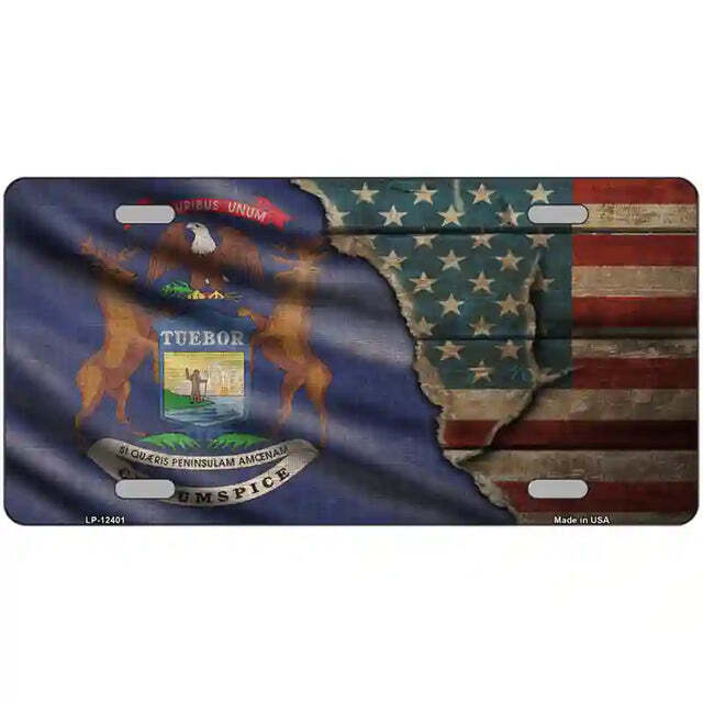 MIchigan American Flags Vintage Look Metal Sign