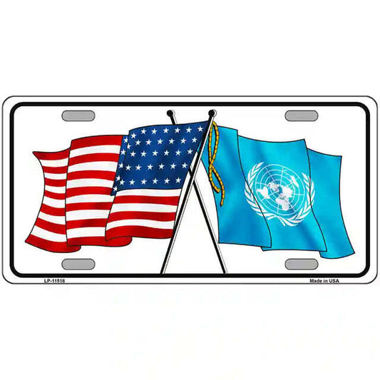United Nations American Flags Crossed Metal Sign