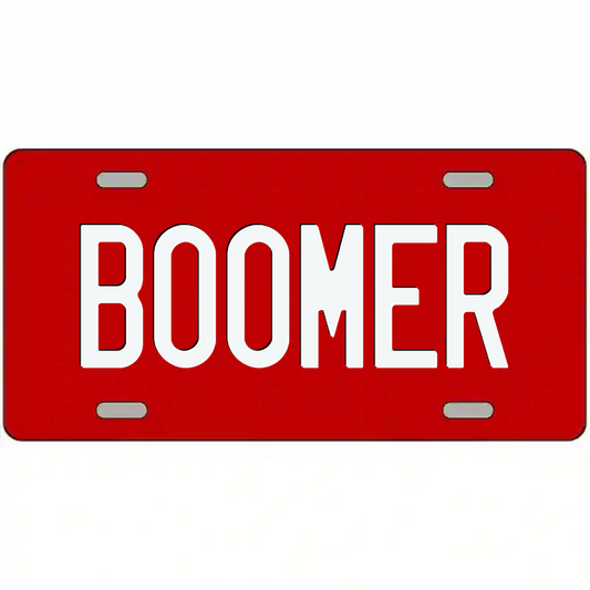 Boomer White on Red Metal Sign
