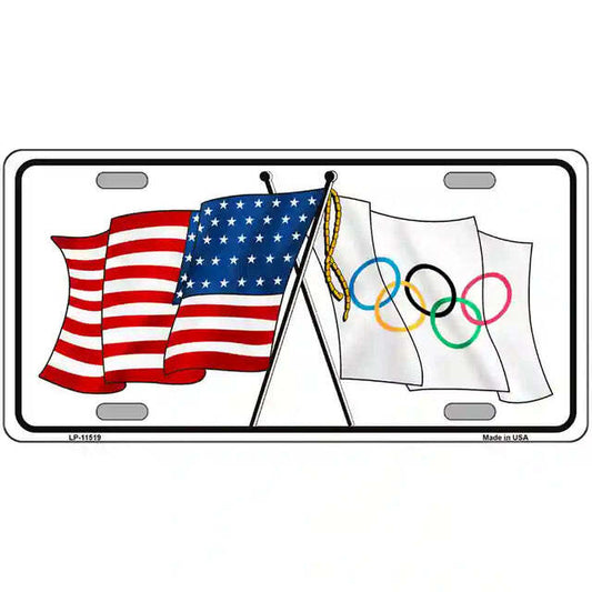 Olympic American Flags Crossed Metal Sign