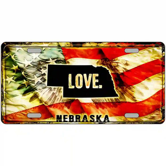 Nebraska Love American Flag Metal Sign