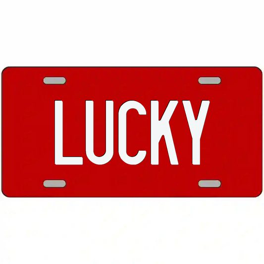 Lucky White on Red Metal Sign