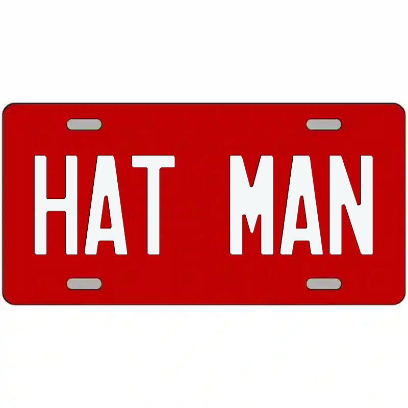Hat Man White on Red Metal Sign