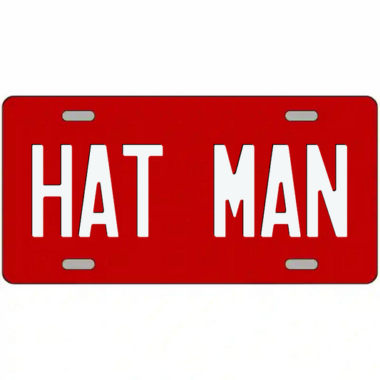Hat Man White on Red Metal Sign