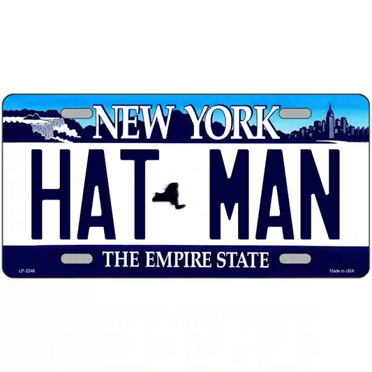 Hat Man New York Blue Metal Sign
