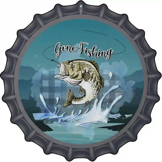 Gone Fishing Bass Bottle Cap Metal Sign
