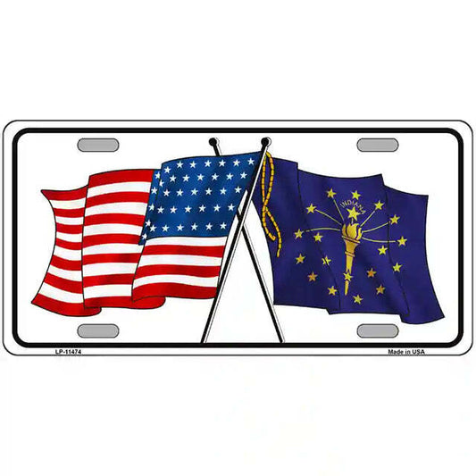 Indiana American Flags Crossed Metal Sign
