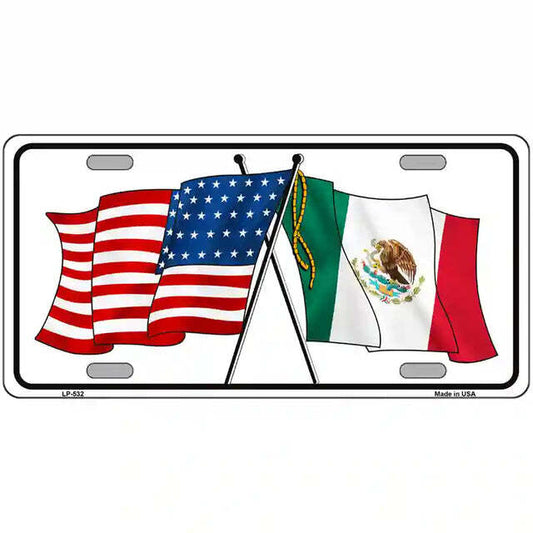 Mexico American Flags Crossed Metal Sign