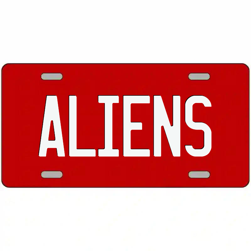 Aliens White on Red Metal Sign