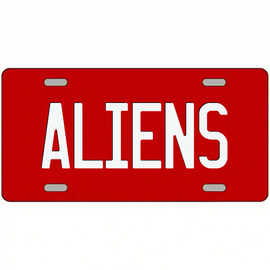 Aliens White on Red Metal Sign