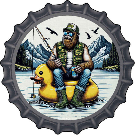 Bigfoot Fishing on Inflatable Duck Bottle Cap Metal Sign