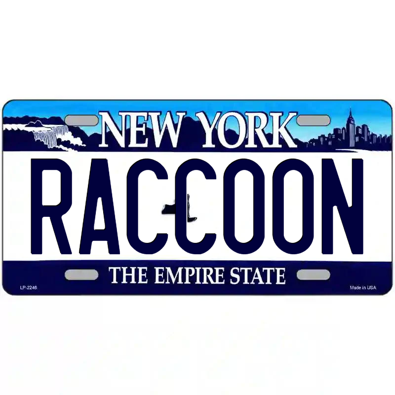 Raccoon New York Blue Metal Sign