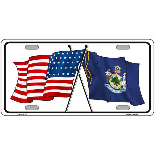 Maine American Flags Crossed Metal Sign