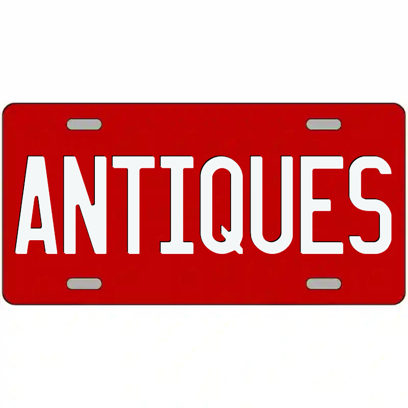 Antiques White on Red Metal Sign