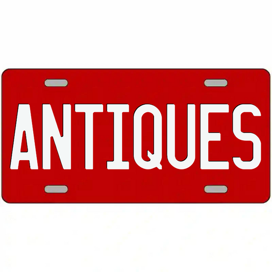 Antiques White on Red Metal Sign