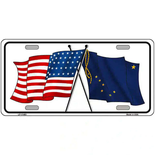Alaska American Flags Crossed Metal Sign