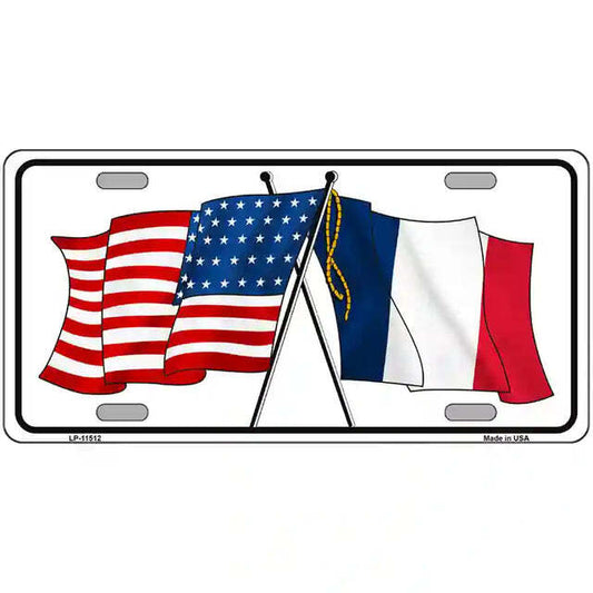 France American Flags Crossed Metal Sign