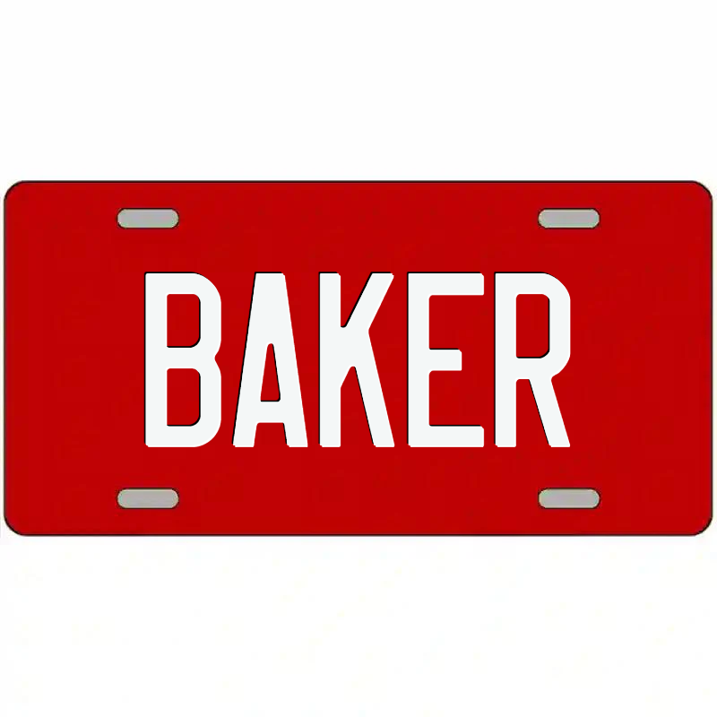 Baker White on Red Metal Sign