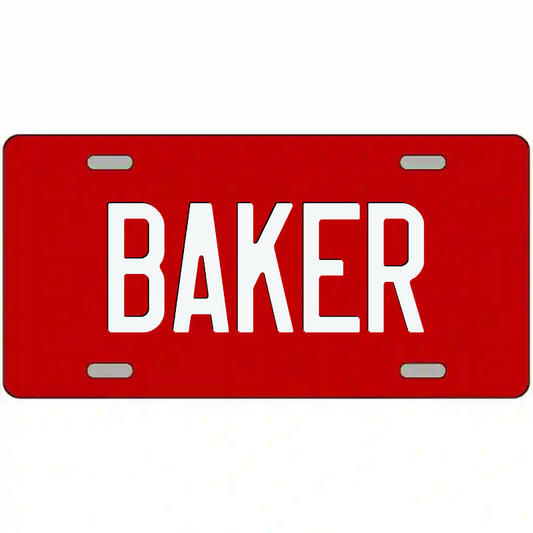 Baker White on Red Metal Sign
