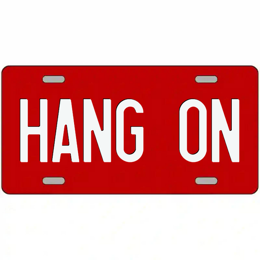 Hang On  White on Red Metal Sign