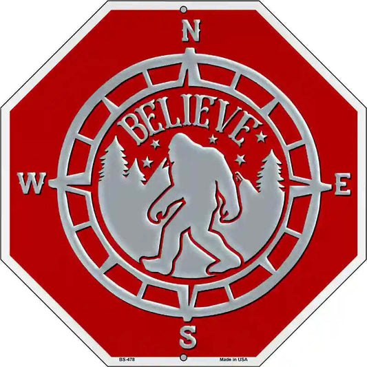Believe Bigfoot Compass 12" Octagon Metal Sign