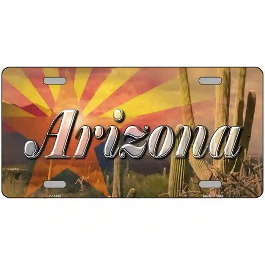 Arizona State Flag Overlay on Cactus Metal Sign